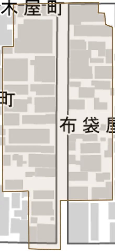 布袋屋町とその周辺の地図。町の範囲を重ねている