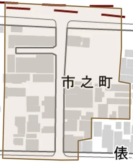 市之町とその周辺の地図。町の範囲を重ねている
