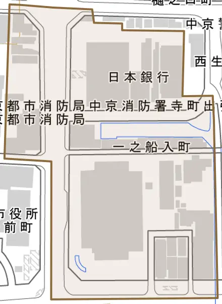 一之船入町とその周辺の地図。町の範囲を重ねている