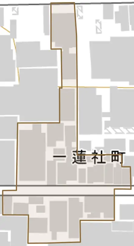 一蓮社町とその周辺の地図。町の範囲を重ねている
