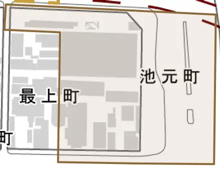 池元町とその周辺の地図。町の範囲を重ねている