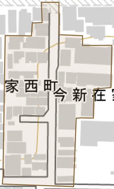 今新在家東町とその周辺の地図。町の範囲を重ねている
