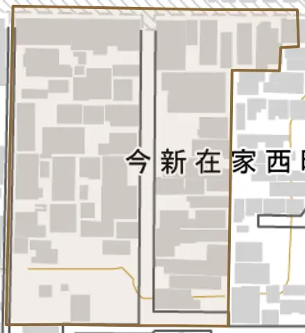 今新在家西町とその周辺の地図。町の範囲を重ねている