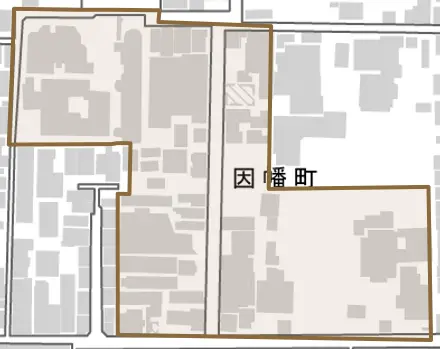因幡町とその周辺の地図。町の範囲を重ねている