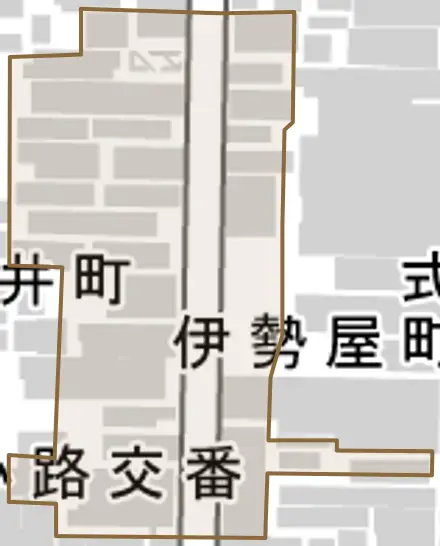 伊勢屋町とその周辺の地図。町の範囲を重ねている