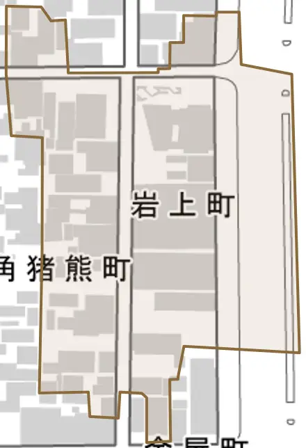 岩上町とその周辺の地図。町の範囲を重ねている