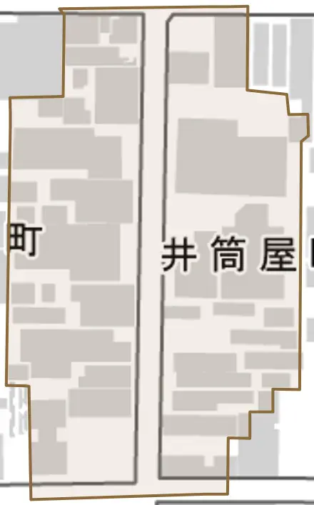 井筒屋町とその周辺の地図。町の範囲を重ねている