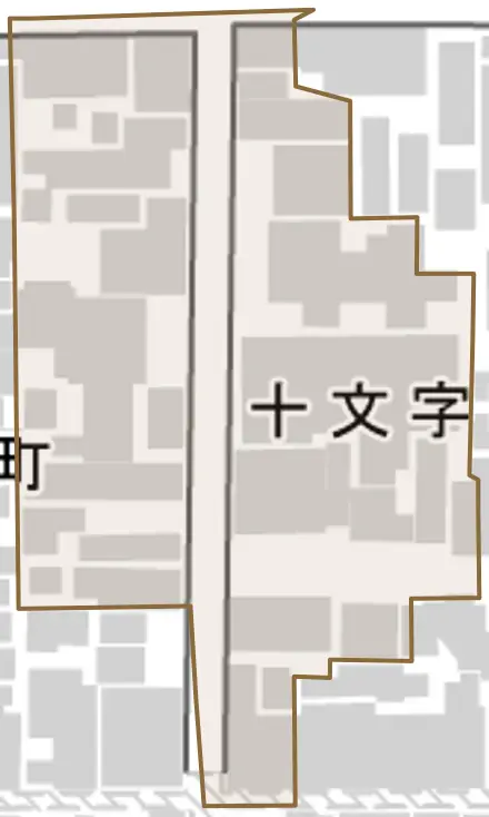 十文字町とその周辺の地図。町の範囲を重ねている