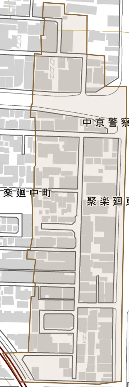 聚楽廻東町とその周辺の地図。町の範囲を重ねている