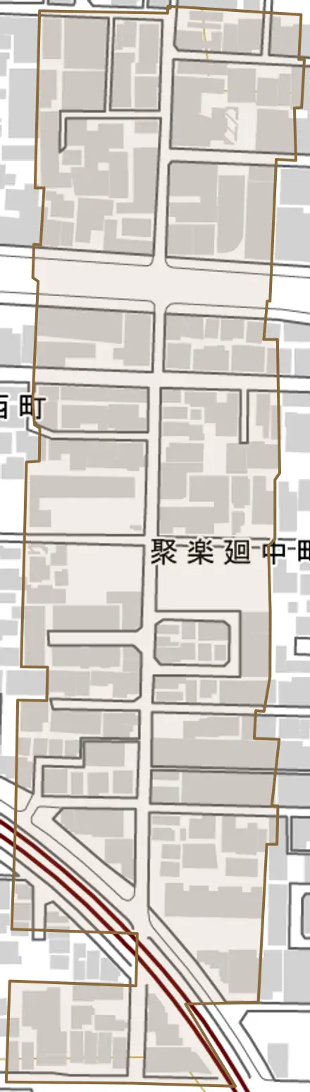 聚楽廻中町とその周辺の地図。町の範囲を重ねている
