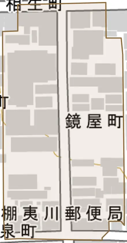 鏡屋町とその周辺の地図。町の範囲を重ねている