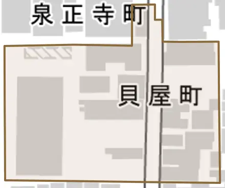 貝屋町とその周辺の地図。町の範囲を重ねている