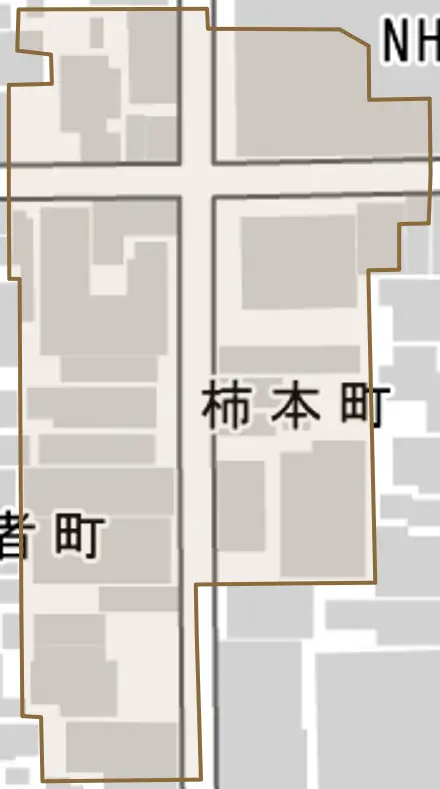柿本町とその周辺の地図。町の範囲を重ねている