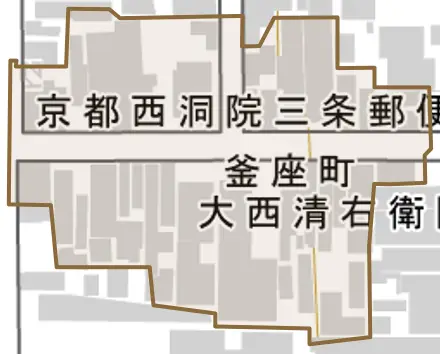 釜座町とその周辺の地図。町の範囲を重ねている