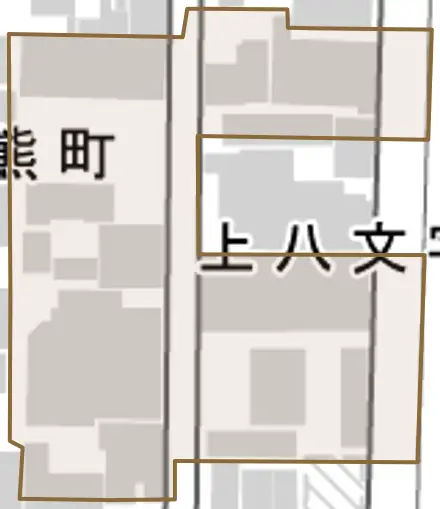 上八文字町とその周辺の地図。町の範囲を重ねている
