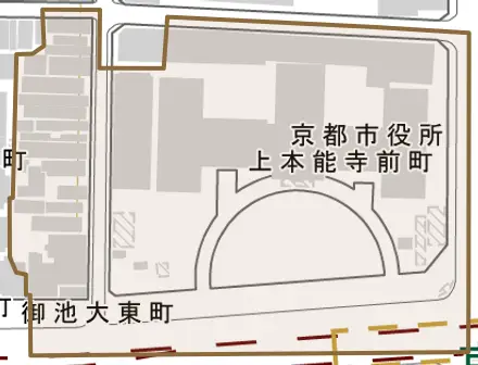 上本能寺前町とその周辺の地図。町の範囲を重ねている