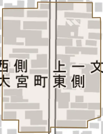 上一文字町とその周辺の地図。町の範囲を重ねている