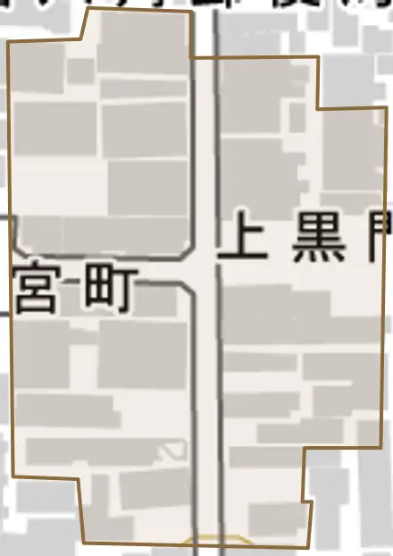 上黒門町とその周辺の地図。町の範囲を重ねている