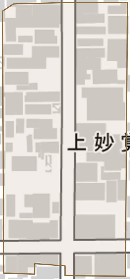 上妙覚寺町とその周辺の地図。町の範囲を重ねている