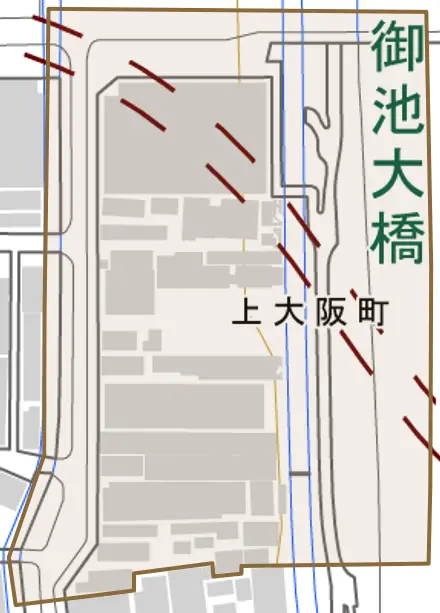 上大阪町とその周辺の地図。町の範囲を重ねている