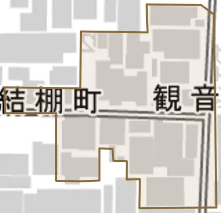 観音堂町とその周辺の地図。町の範囲を重ねている
