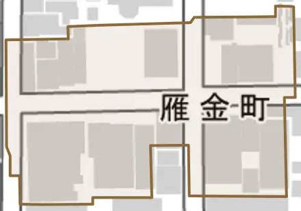 雁金町とその周辺の地図。町の範囲を重ねている