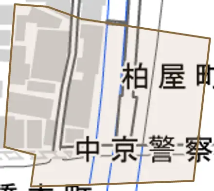 柏屋町とその周辺の地図。町の範囲を重ねている