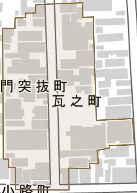 瓦之町とその周辺の地図。町の範囲を重ねている