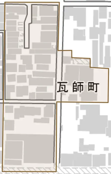 瓦師町とその周辺の地図。町の範囲を重ねている