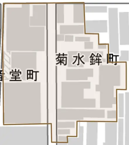 菊水鉾町とその周辺の地図。町の範囲を重ねている