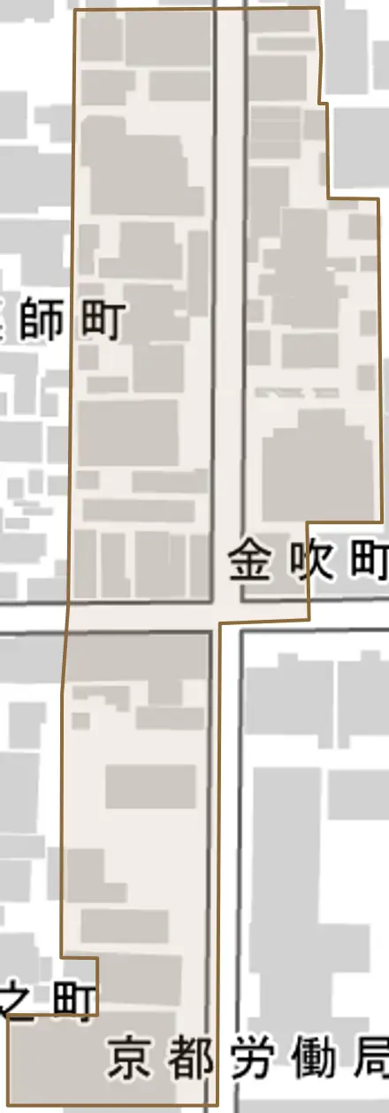 金吹町とその周辺の地図。町の範囲を重ねている