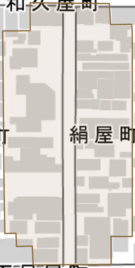 絹屋町とその周辺の地図。町の範囲を重ねている