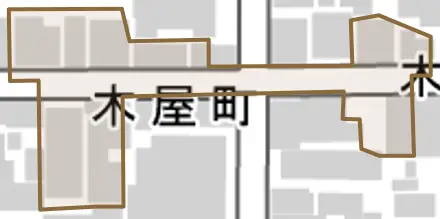 木屋町とその周辺の地図。町の範囲を重ねている