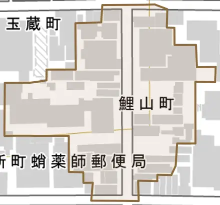 鯉山町とその周辺の地図。町の範囲を重ねている