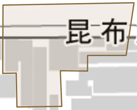 昆布屋町とその周辺の地図。町の範囲を重ねている