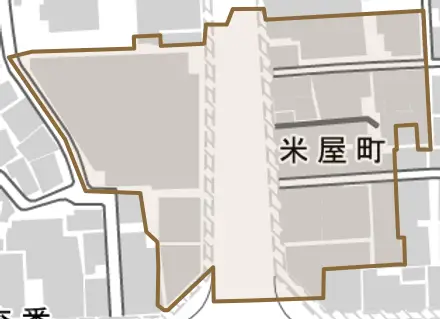 米屋町とその周辺の地図。町の範囲を重ねている