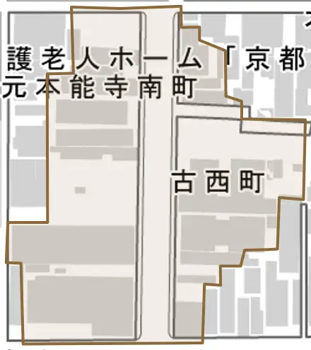 古西町とその周辺の地図。町の範囲を重ねている