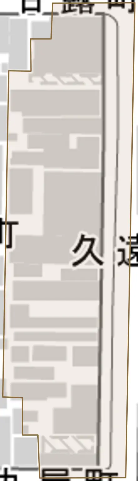 久遠院前町とその周辺の地図。町の範囲を重ねている