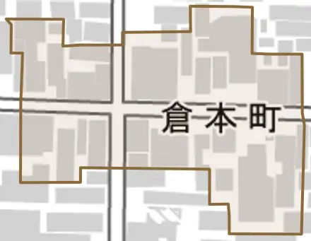 倉本町とその周辺の地図。町の範囲を重ねている