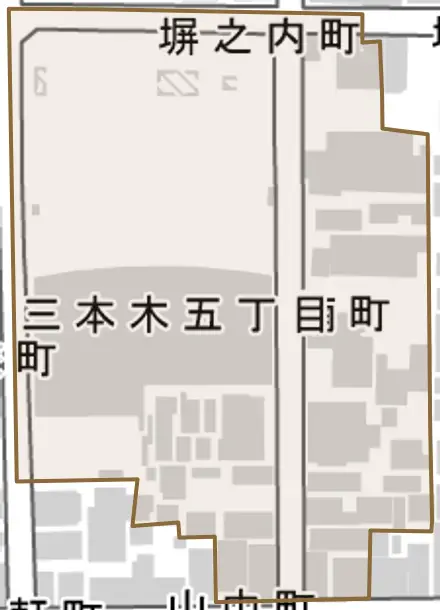 楠町とその周辺の地図。町の範囲を重ねている