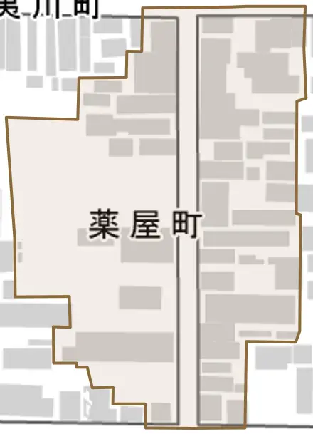 薬屋町とその周辺の地図。町の範囲を重ねている