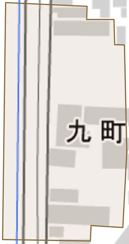 九町目とその周辺の地図。町の範囲を重ねている