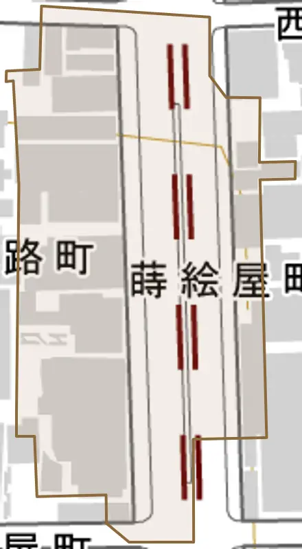蒔絵屋町とその周辺の地図。町の範囲を重ねている