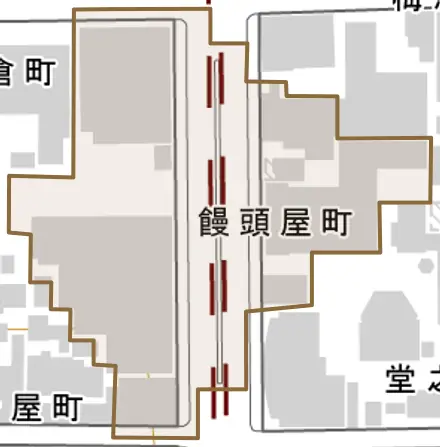 饅頭屋町とその周辺の地図。町の範囲を重ねている