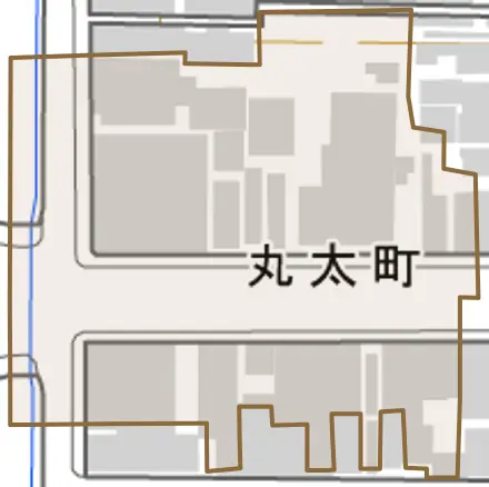 丸太町とその周辺の地図。町の範囲を重ねている