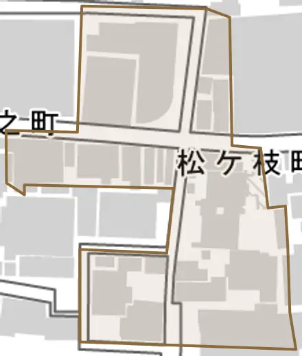松ケ枝町とその周辺の地図。町の範囲を重ねている