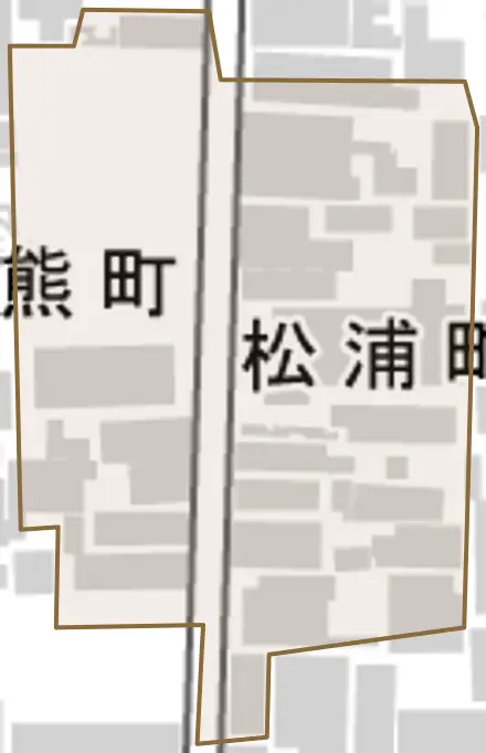 松浦町とその周辺の地図。町の範囲を重ねている