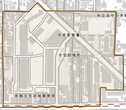壬生坊城町とその周辺の地図。町の範囲を重ねている