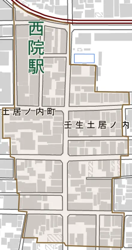 壬生土居ノ内町とその周辺の地図。町の範囲を重ねている