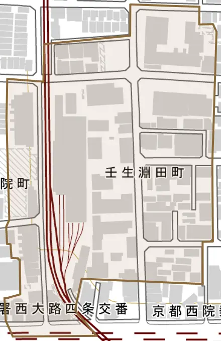 壬生淵田町とその周辺の地図。町の範囲を重ねている